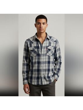Levi's Blue and White Plaid Casual Button Down Shirt